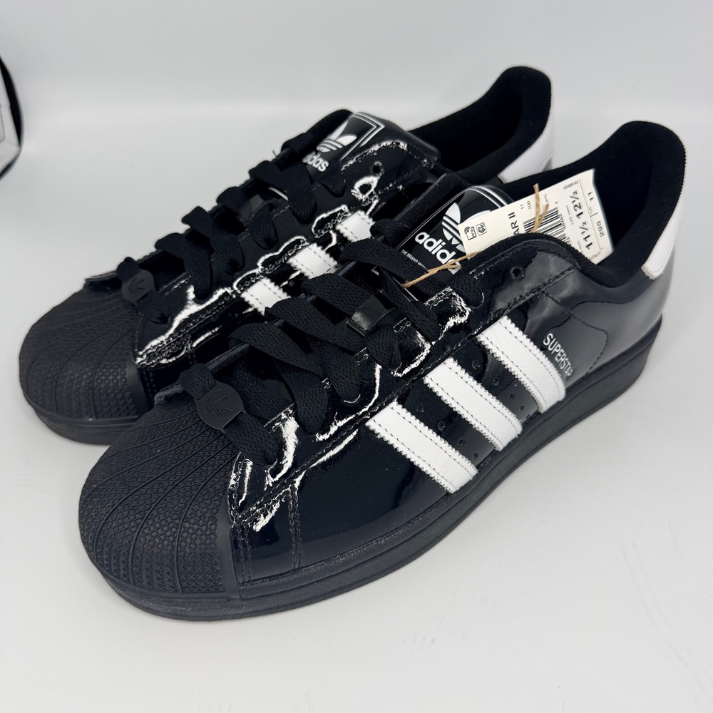Adidas Superstar Black Patent Leather White 3-Stripes JR7313 Mens 11.5 Shoes